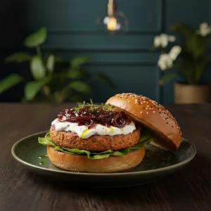 Burger végétal galette lentilles corail pain brioché maison servi au restaurant La Cour Paris 11ème