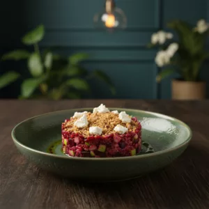 Tartare de betteraves et pommes granny servi au restaurant bistronomique La Cour Paris 11ème