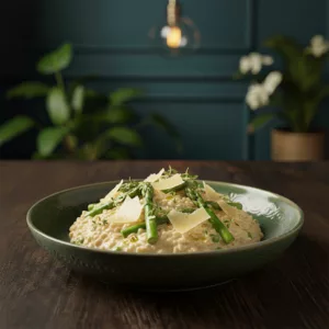 Risotto d'épeautre asperges vertes vieux comté végétarien sans gluten restaurant La Cour Paris 11