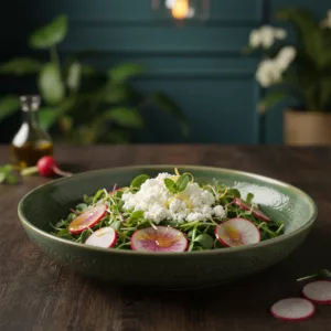 Salade de jeunes pousses et radis croquants servie au restaurant bistronomique La Cour Paris 11ème