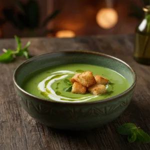 Velouté de petits pois à la menthe fraîche servi au restaurant bistronomique La Cour Paris 11ème