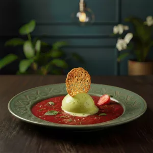 Soupe froide fraises gariguettes verveine tuile sorbet citron-basilic restaurant La Cour Paris 11
